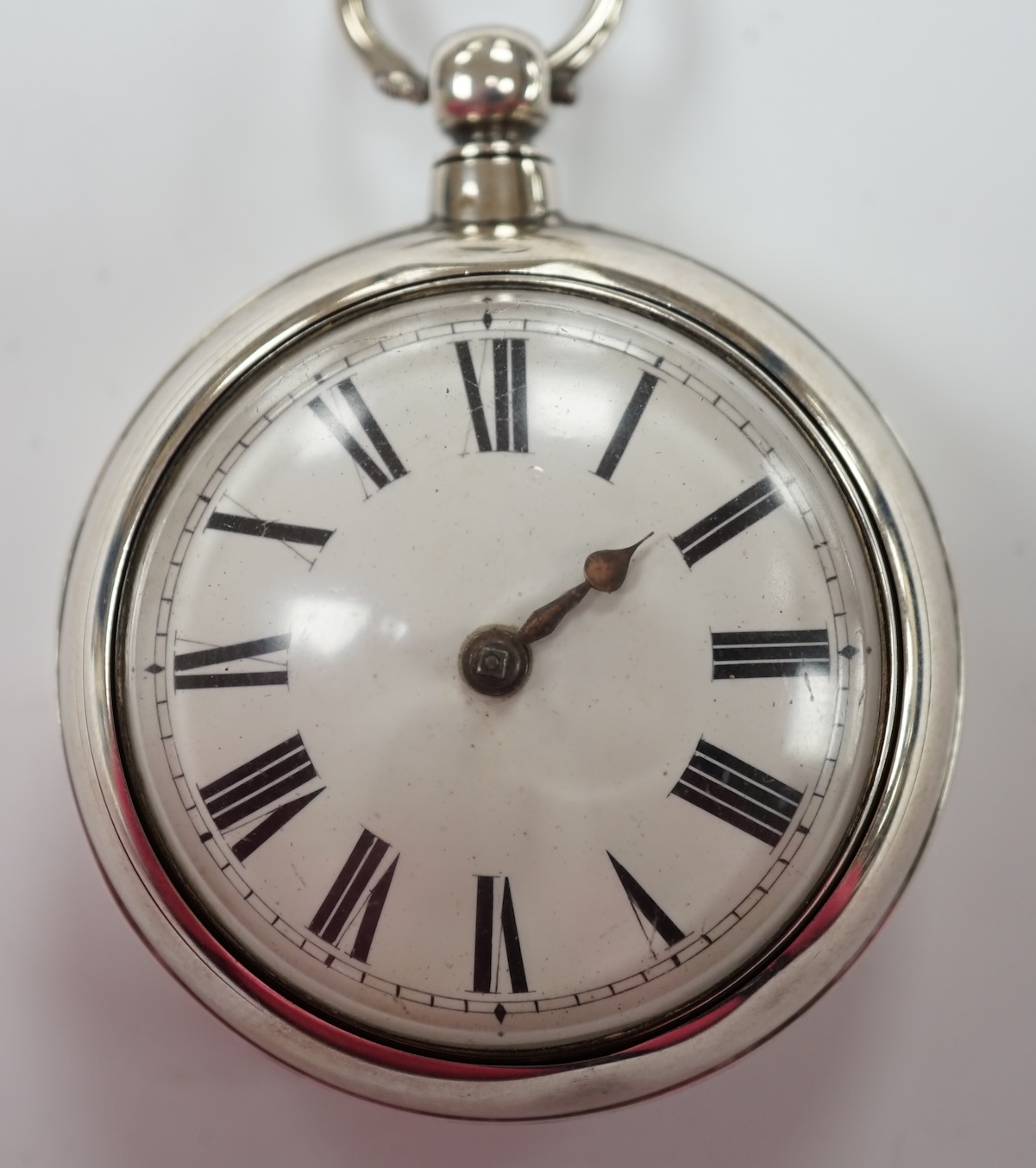 A Victorian silver pair case key wind verge pocket watch, by H. Foster of Ashford, with Roman dial, outer case diameter 58mm. Fair condition (lacking minute hand).